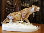 Редкая скульптура тигра Скульптор Otto Jarl (1856-1915 гг.) Керамика Чехословакия Начало 20 века