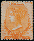 Мальта 1871 год . Queen Victoria 0,5 p . Каталог 400,0 £.